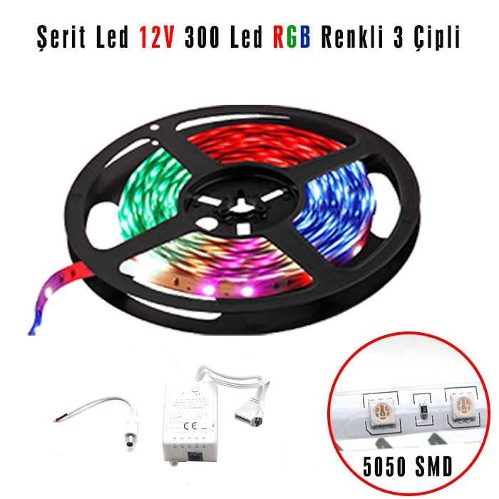 CARUB ŞERİT LED 12V 5MT 300 LED 3 ÇİPLİ RGB RENKLİ