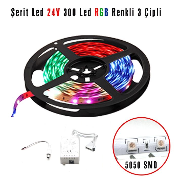 CARUB ŞERİT LED 24V 5MT 300 LED 3 ÇİPLİ RGB RENKLİ