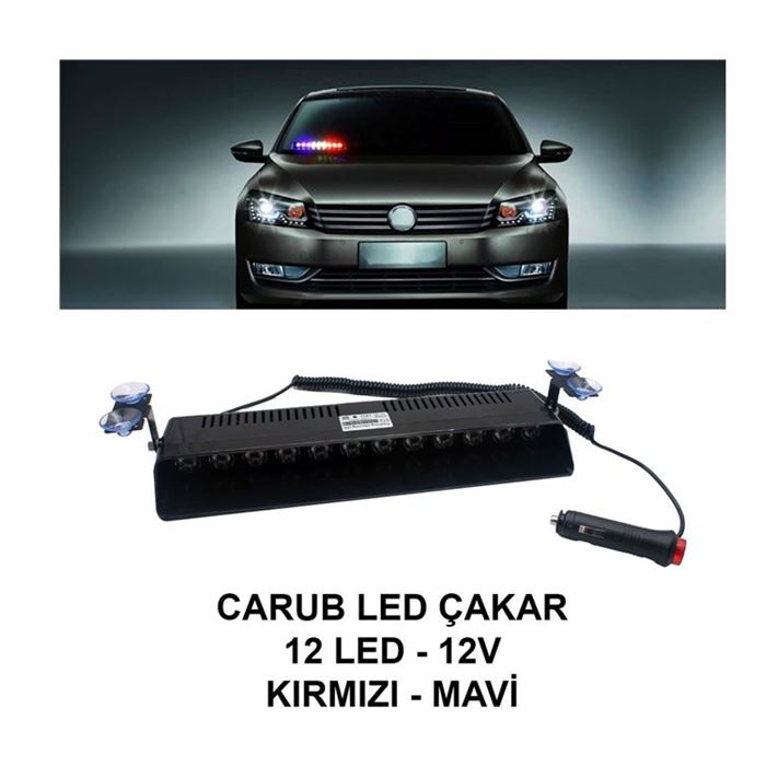 CARUB ÇAKAR LAMBA CAM İÇİ 12 LEDLİ VANTUZLU KIRMIZI - MAVİ