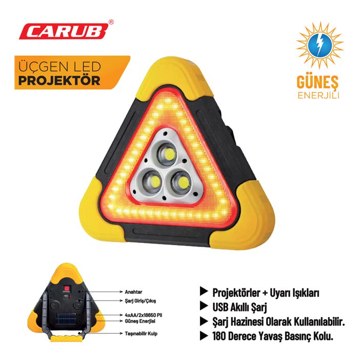 CARUB ÜÇGEN İKAZ REFLEKTÖRÜ 5 FONKSİYONLU GÜNEŞ ENERJİLİ USB ŞARJ