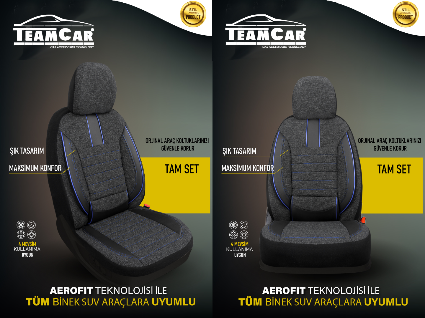 TEAMCAR OTO KOLTUK KILIFI STD. KETEN-DERİ  FİTİL İP MAVİ