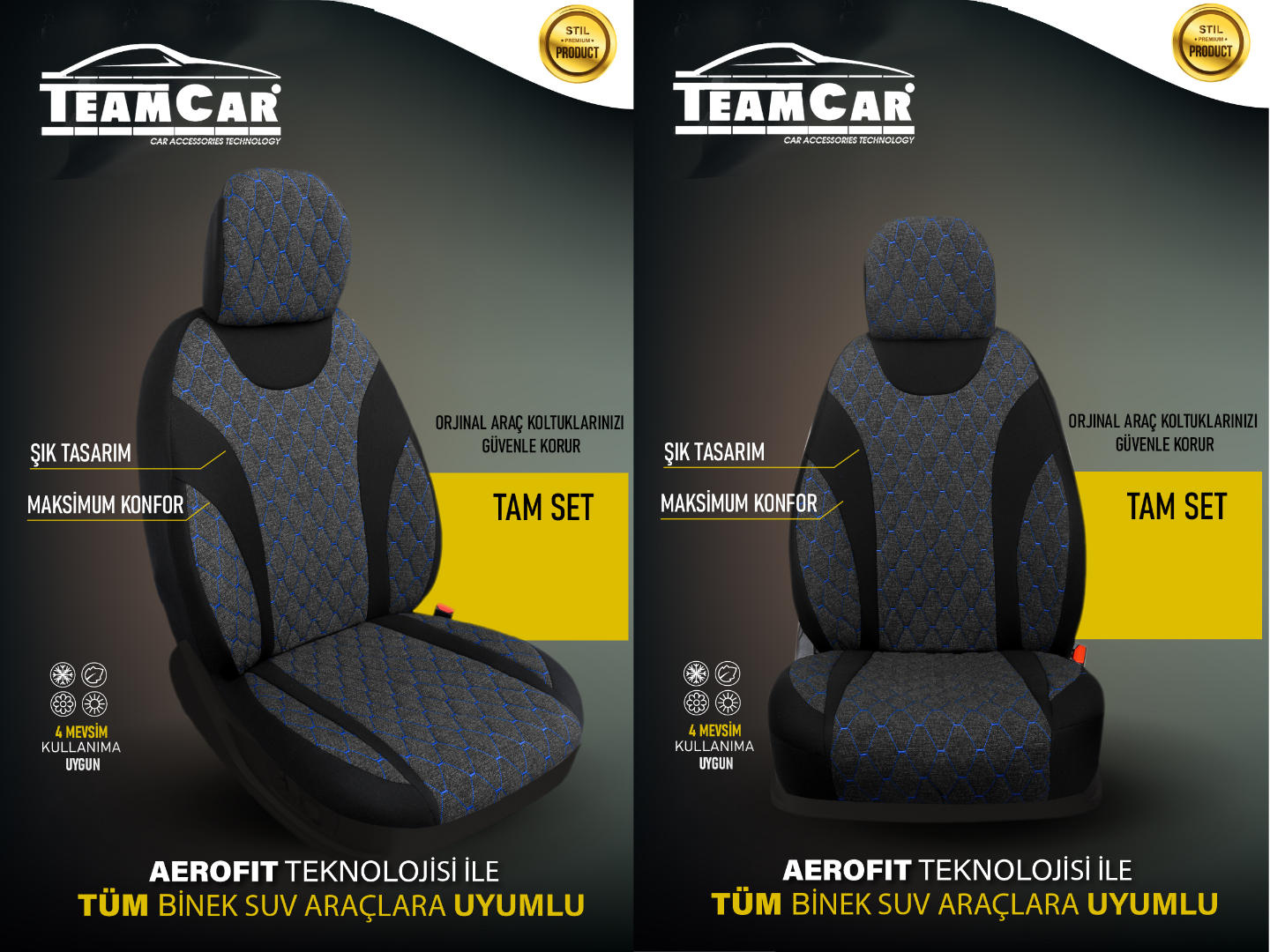 TEAMCAR OTO KOLTUK KILIFI STD. MOON BAKLAVA İP MAVİ