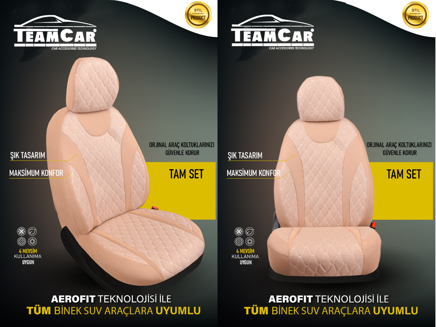 TEAMCAR OTO KOLTUK KILIFI STD. MOON BAKLAVA BEJ İP BEYAZ
