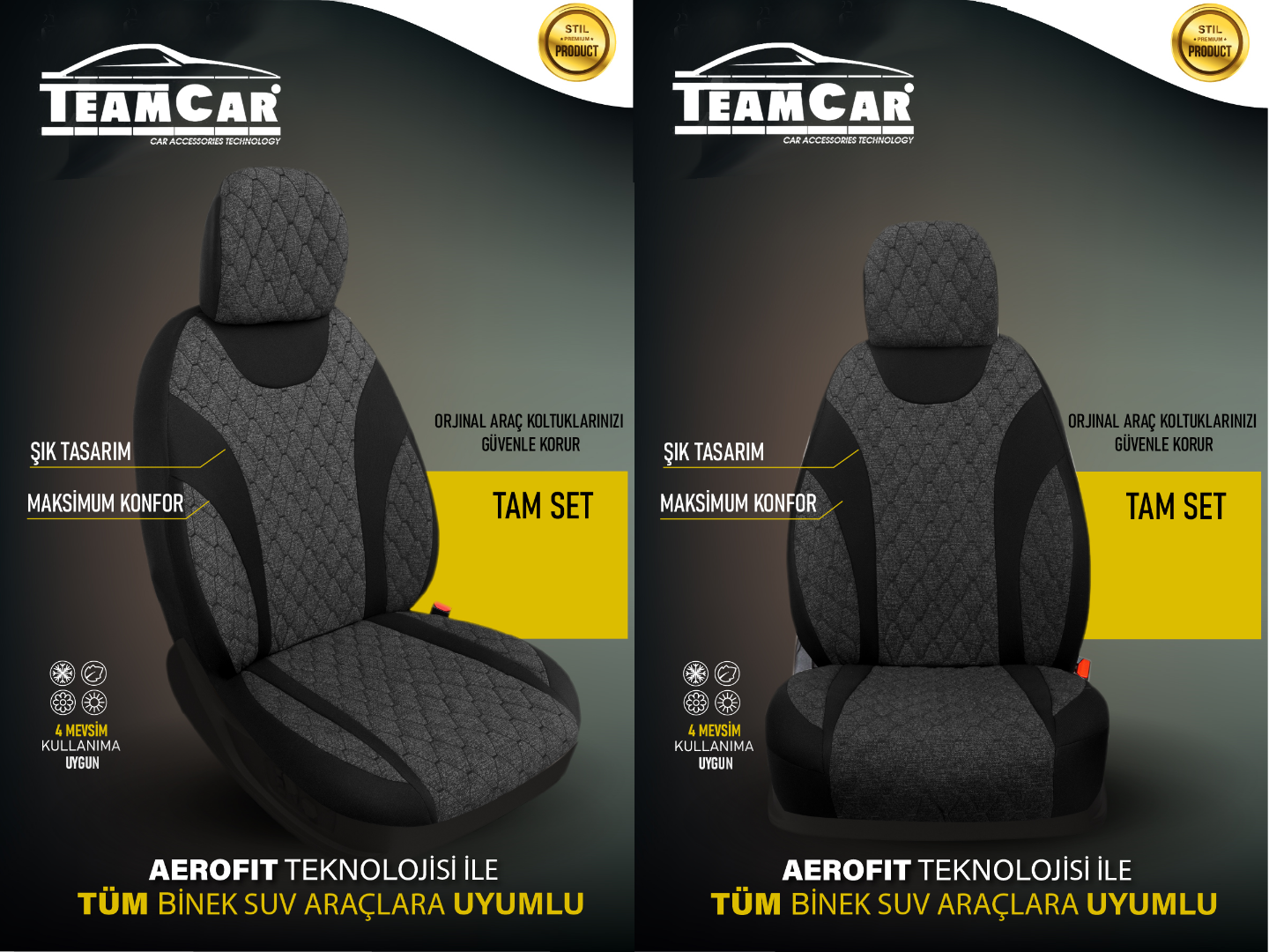 TEAMCAR OTO KOLTUK KILIFI STD. MOON BAKLAVA KUM GRİ SİYAH İP SİYAH