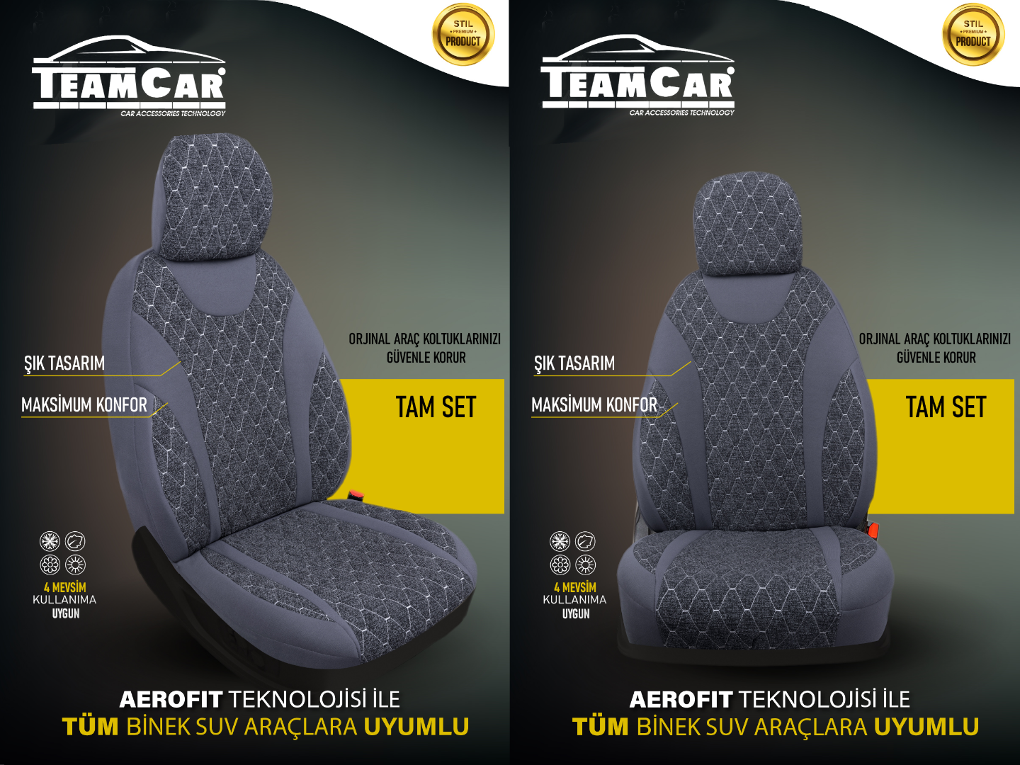 TEAMCAR OTO KOLTUK KILIFI STD. MOON BAKLAVA KUM GRİ GRİ İP BEYAZ