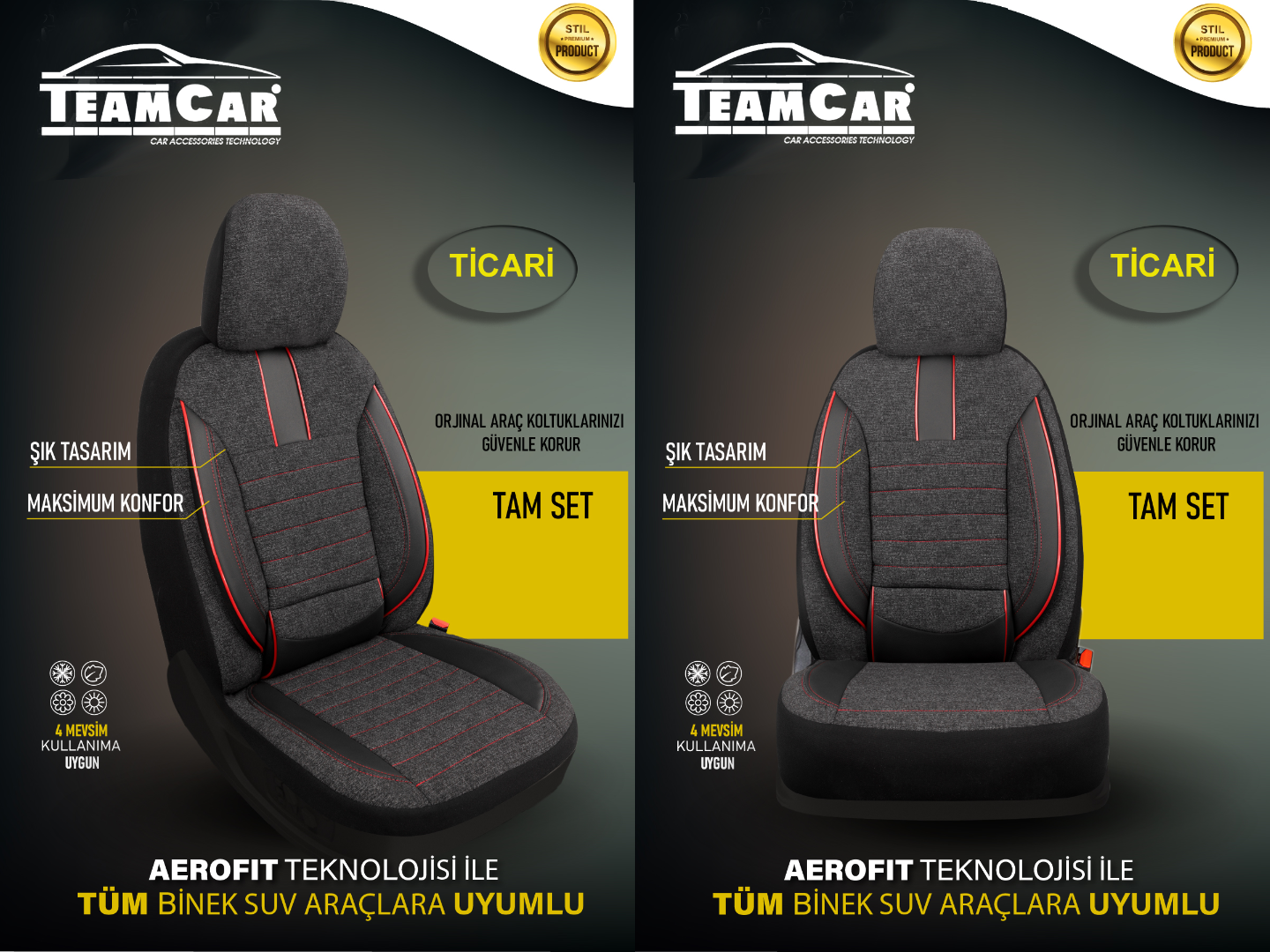 TEAMCAR OTO KOLTUK KILIFI TİCARİ 2+1 KETEN-DERİ  FİTİL İP KIRMIZI