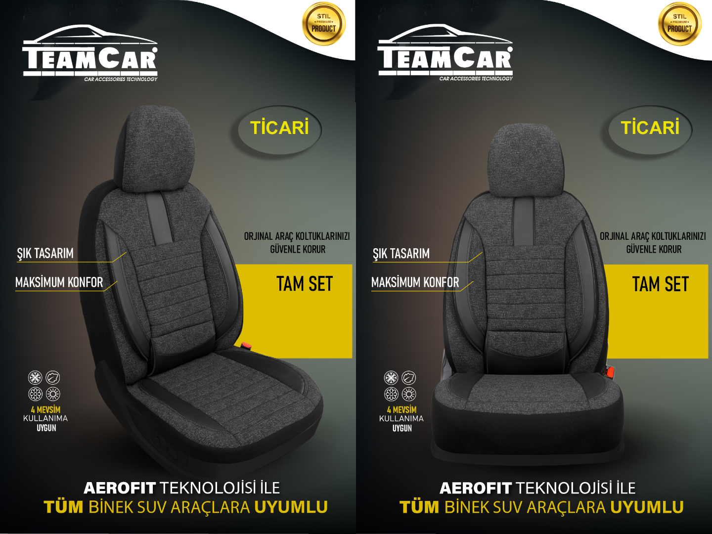 TEAMCAR OTO KOLTUK KILIFI TİCARİ 2+1 KETEN-DERİ  FİTİL İP SİYAH