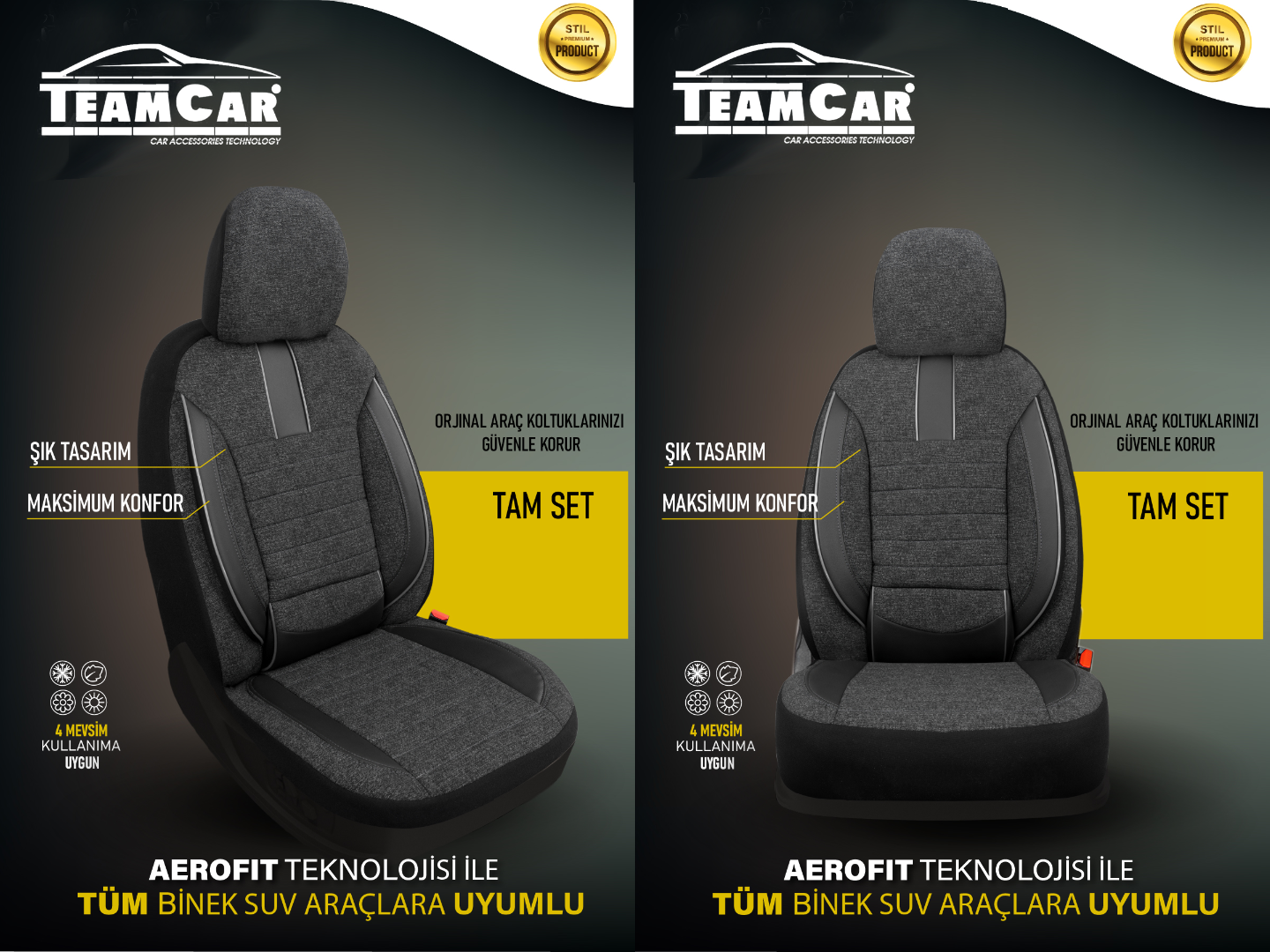 TEAMCAR OTO KOLTUK KILIFI STD. KETEN-DERİ  FİTİL İP  GRİ