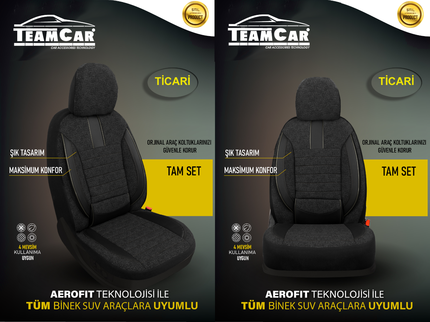 TEAMCAR OTO KOLTUK KILIFI TİCARİ 2+1 KETEN-DERİ  FİTİL İP SİYAH FÜME