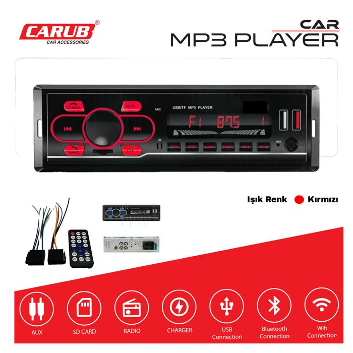 CARUB TEYP ÇİFT USB Lİ - BLUETOOTH -WIFI- SDCARD-MP3 PLAYER KIRMIZI