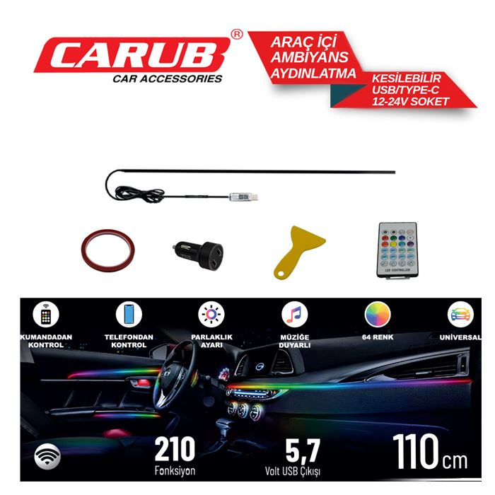 CARUB ARAÇ AMBİYANS LED 110CM  SESE DUYARLI KUMANDALI 64RENK