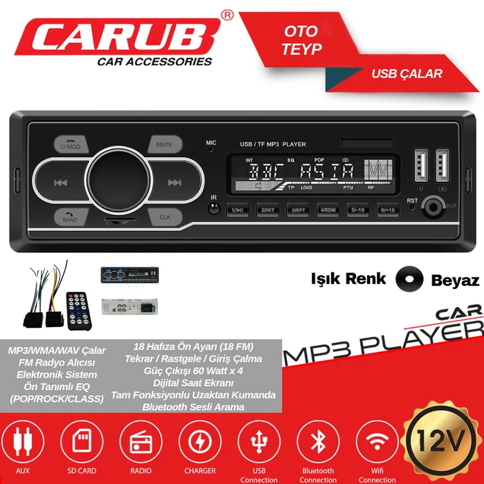 CARUB TEYP ÇİFT USB Lİ - BLUETOOTH -WIFI- SDCARD-MP3 PLAYER BEYAZ