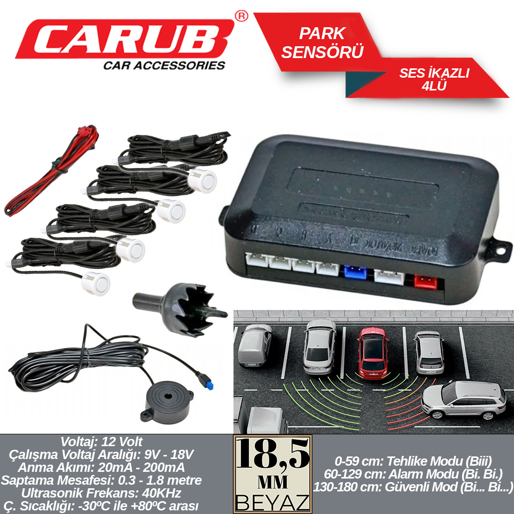 CARUB PARK SENSÖRÜ SES İKAZLI 18,5MM BEYAZ