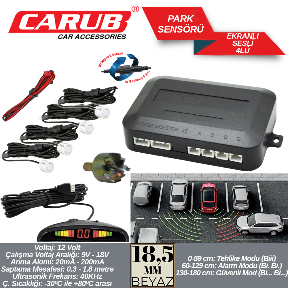 CARUB PARK SENSÖRÜ LED EKRANLI 18,5MM BEYAZ