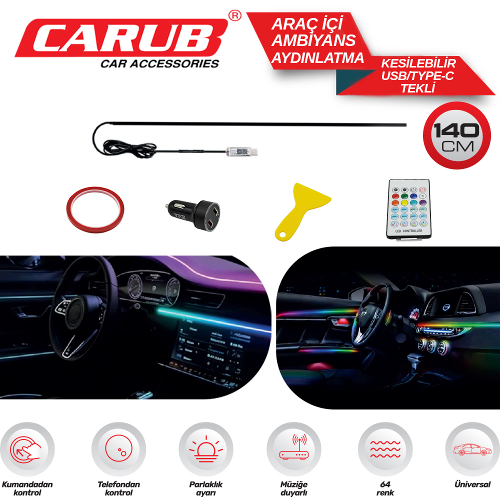 CARUB ARAÇ AMBİYANS LED 140CM  SESE DUYARLI KUMANDALI 64RENK WIFI KONTROL