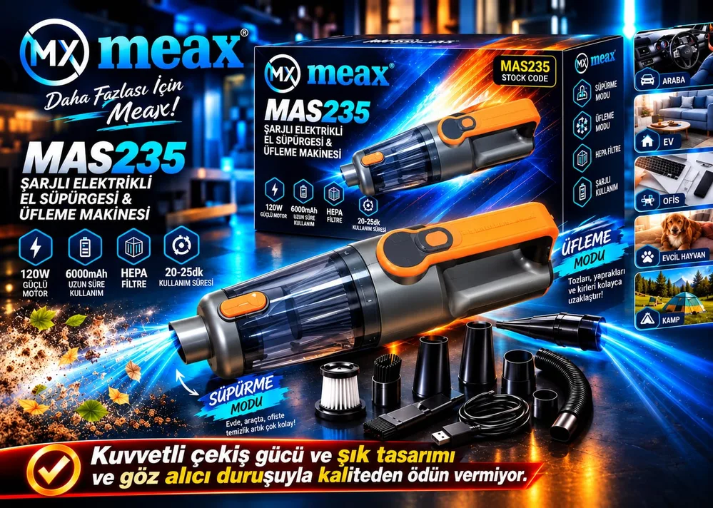 MEAX MEAX MAS235 — ARAÇ SÜPÜRGESİ PROF. 22000PASCAL IŞIKLI  ŞARJLI KABLOSUZ  ÇEKME-ÜFLEME