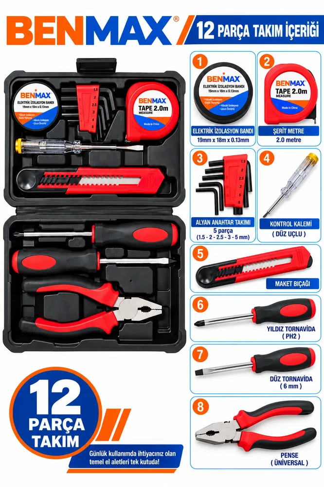 BENMAX BENMAX BX14 102 — TAMİR SETİ 12 PARÇA P.ÇANTALI ( PENSE-TORNAVİDA-METRE-BANT-ALYAN-FALÇATA-KONTROLKALEMİ)