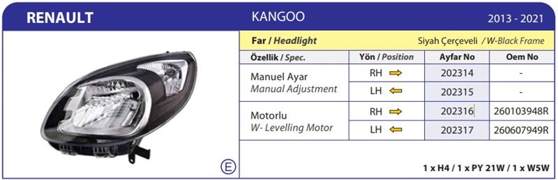 AYFAR 202314 — FAR SİYAH ÇERÇEVELİ MANUEL SAĞ RENAULT KANGOO 13 >