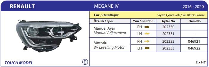 AYFAR 202333 — FAR SOL MOTORLU SİYAH ÇERÇEVELI RENAULT MEGANE IV 2016-2020 TOUCH MODEL