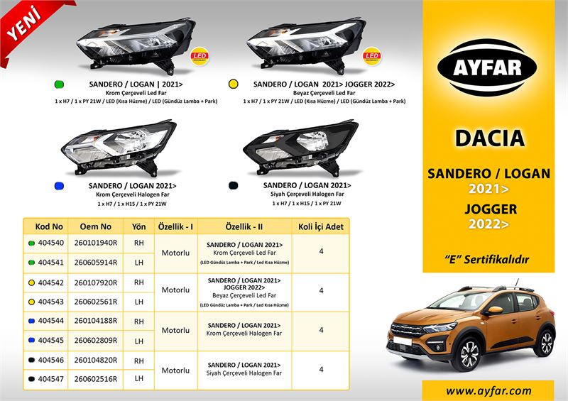 AYFAR 404541 — FAR SOL LEDLİ MOTORLU DACIA SANDERO 21> LOGAN 21> JOGGER 22> KROM ÇERÇEVELİ