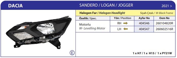 AYFAR 404546 — FAR SAĞ MOTORLU DACIA SANDERO 21> LOGAN 21> JOGGER 22> HALOJEN FAR SİYAH ÇERÇEVELİ