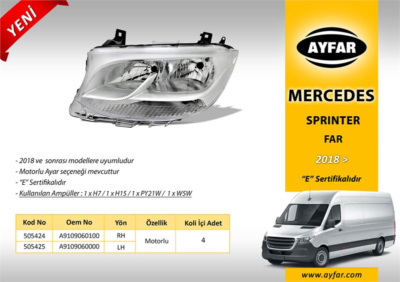 AYFAR 505425 — FAR SOL HALOJEN. MOTORLU MERCEDES SPRINTER B907 B910 18>