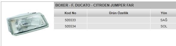 AYFAR 505533 — FAR SAĞ - ( PEUGEOT BOXER / FIAT DUCATO 94-02 / CITROEN JUMPER )