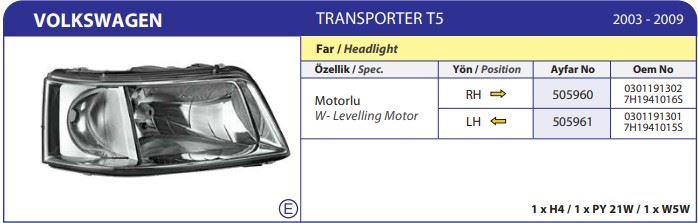 AYFAR 505960 — FAR SİNYAL SAĞ VW TRANSPORTER T5 04/03-11/09 ELEKTRİKLİ H4