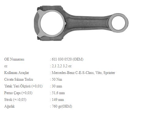 BMY 0713 — PİSTON KOLU MERCEDES VITO (639) SIPRINTER W202 W203 C200 CDI C220 CDI W210 E220 CDI 2.1D 2.2D 3.2D 01- OM611 OM613