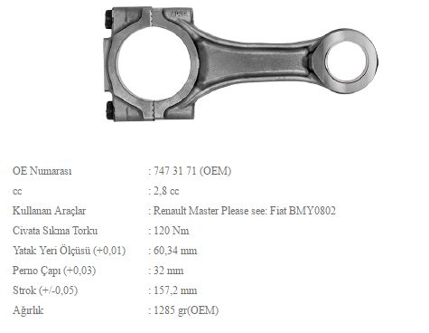 BMY 0803 — PİSTON KOLU 94,4MM (FIAT DUCATO/RENAULT MASTER S9W IVECO DAILY/CITROEN JUMPER/PEUGEOT BOXER) KONİK