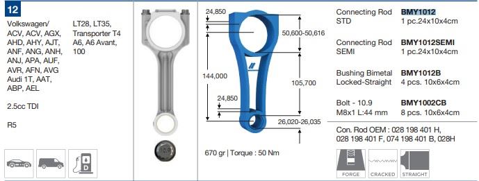 BMY 1012 — PİSTON KOLU 2.5 TDI - LT28. LT35. Transporter T4. A6. A6 Avant. 100 ANG-ANH-ANJ-APA-AUF-AVR- AAT-AB
