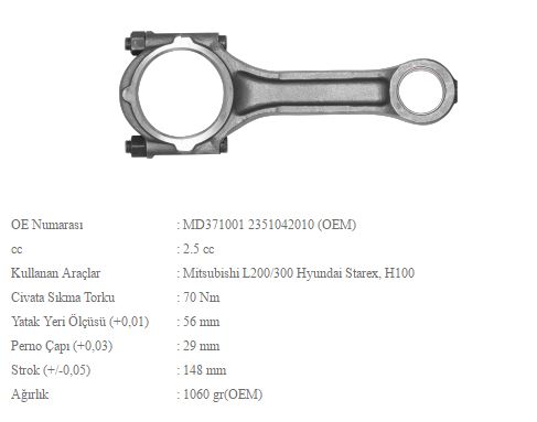 BMY 1303 — PİSTON KOLU HYUNDAI H100 KAMYONET / L200 L300 2.5D 4D56 / STAREX D4BH / KIA BONGO K2500 TCI / PREGIO TCI 05- TCI