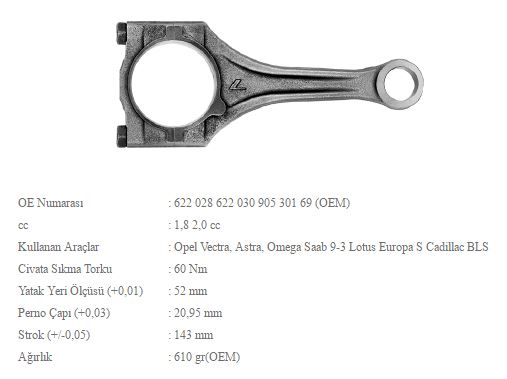 BMY 1501 — PİSTON KOLU OPEL ASTRA F-G VECTRA A-B C20NE X20XER X20XEV 86 MM