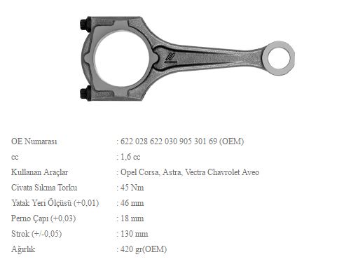 BMY 1502 — PİSTON KOLU OPEL ASTRA F-G-H VECTRA A-B-C 16 8V 16V 90- X16XEL Z16SZR Z16XEP Z16XE Z16XER