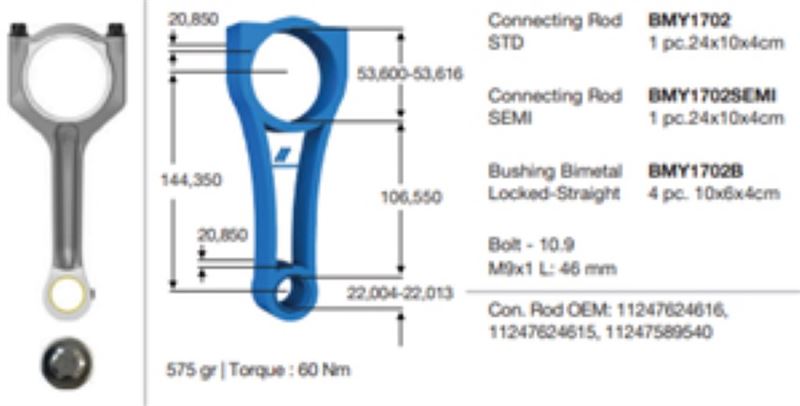 BMY 1702 — PİSTON KOLU BMW N20 N26 N52 N53 N54 N55 E81 E82 E87 E88 E60 E65 F01 E90 F10 F20 F30 E84 E83 F25 F26 E70 F15 E71