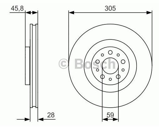 BOSCH 0986479736 — ÖN FREN AYNASI FIAT 500 L 13> DOBLO 10> OPEL COMBO 12> 305x28x45.8 HAVALI 5 DELİK