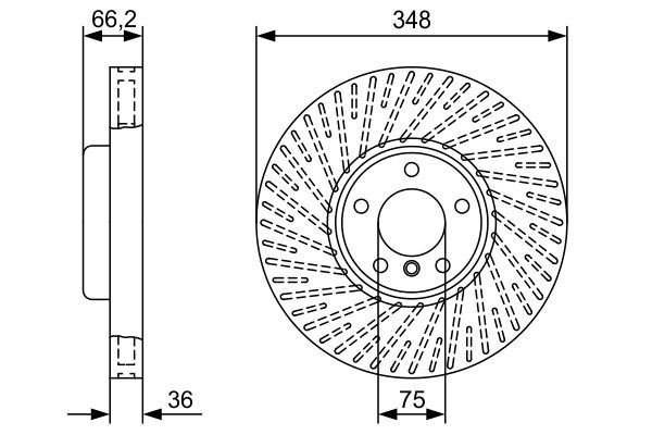 BOSCH 0986479W19 — ÖN FREN DİSKİ SOL; DıŞ ÇAP [MM]: 348; KALıNLıK/KUVVET [MM]: 36; DELİK SAYıSı: 5; YÜKSEKLIK [MM]: 66;