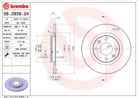 BREMBO 08293824 — ÖN FREN AYNASI P305 82-89 P405 92-96 BX 82-93 1.4-1.4ie-1.6-1.6ie-1.7TD-1.9TD 266x27x4DL