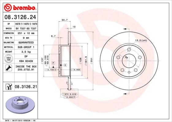 BREMBO 08312624 — ARKA FREN DİSKİ ALFA ROMEO 147 01-10 156 97-05 164 92-98 251.5x10x50.6MM