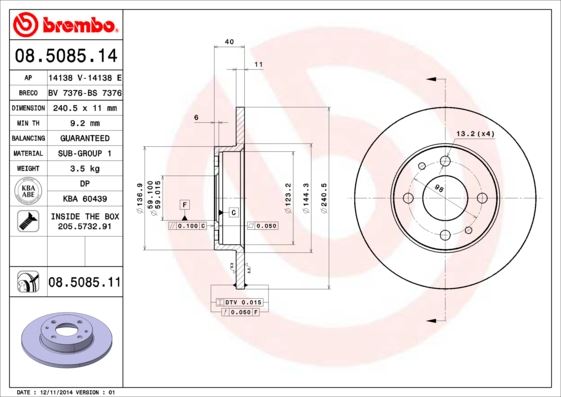 BREMBO 08508514 — ÖN FREN DİSKİ FIAT 500 500C 07> TİPO-PUNTO-TEMPRA-PANDA-MAREA-BRAVO 96> ALFA ROMEO 145-146-155 92> FORD KA