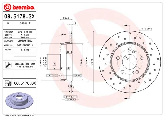 BREMBO 0851783X — FREN DİSKİ MERCEDES W210 ARKA W203 C200 208-209 CLK DELİKLİ