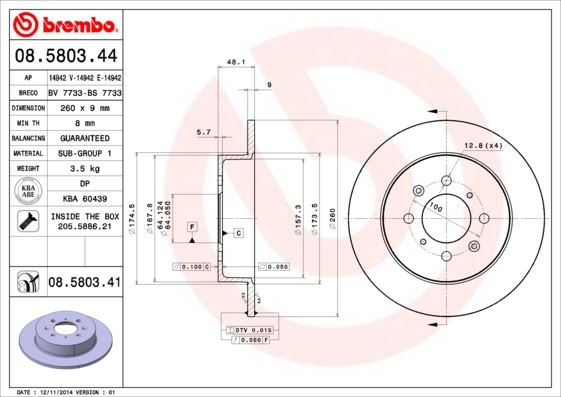 BREMBO 08580341 — ARKA FREN DİSKİ DOLU TİP HONDA CIVIC 1.6L D16V1 VTEC VTI EP ES EU kasa 01-05 260 çap x 4 bijon - Adet disk