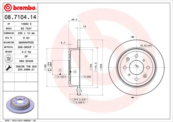 BREMBO 08710414 — FREN DİSKİ ARKA DÜZ (239-4)-(HONDA ACCORD 86/89/CIVIC 88/95/CRX 88/91/ROVER-200 90/00/ROVER-400