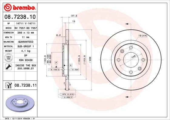BREMBO 08723810 — FREN DİSKİ ÖN DÜZ 266 MM ( PEUGEOT PARTNER /301 1.2 1.6HDI 1.6 16V BERLINGO 96 / C2 / C3 1.4 02 )