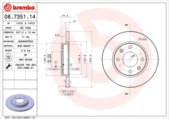 BREMBO 08735114 — ÖN FREN AYNASI PEUGEOT P206 98-12 P306 93-01 CITROEN XSARA 97-05 ABS SİZ 247x13x4DL DOLU SOĞUTMASIZ