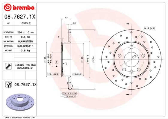 BREMBO 0876271X — ARKA FREN AYNASI ASTRA H-COMBO C 02> MERIVA A-B 03> ASTRA G 1.8-2.0 98> ZAFIRA A 264x10x5DL