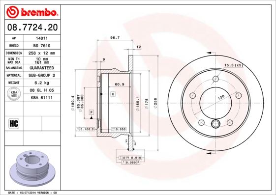 BREMBO 08772420 — ARKA FREN DİSKİ-258×12 5×130 (VW LT 97-07 MERCEDES SPRINTER 95-06)
