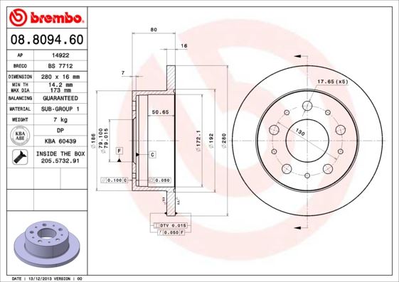 BREMBO 08809460 — FREN DİSKİ ARKA DÜZ 280MM ( FIAT DUCATO 2.3JTD / PEUGEOT BOXER / CITROEN JUMPER 2.2HDI 06 )