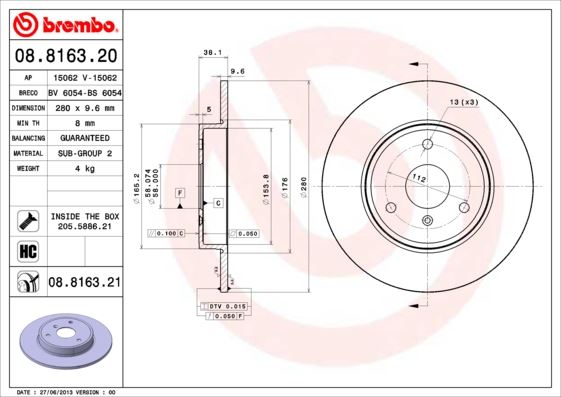 BREMBO 08816320 — FREN DİSKİ MERCEDES SMART CABRIO (450) CITY-COUPE (450) FORTWO Coupe (451) ÖN