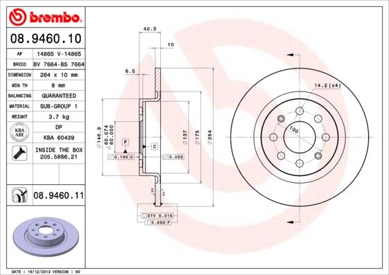 BREMBO 08946011 — ARKA FREN AYNASI CORSA E 14> ADAM 13> PUNTO EVO-GRANDE PUNTO 05> 264x10x4DLxHAVALI 15 İNÇ 55700592